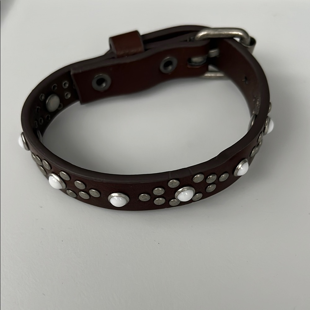 Express Brown and White Leather Bracelet with Silver Accents